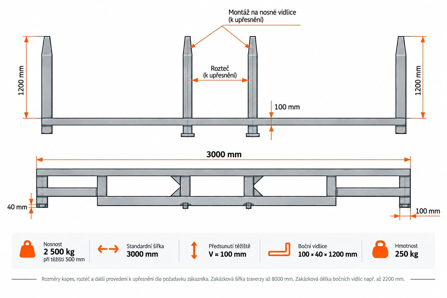 Traverza na vidlice VZV 2500 kg / 3000 mm Traverza na vidlice VZV 2500 kg 3000 mm – technický výkres