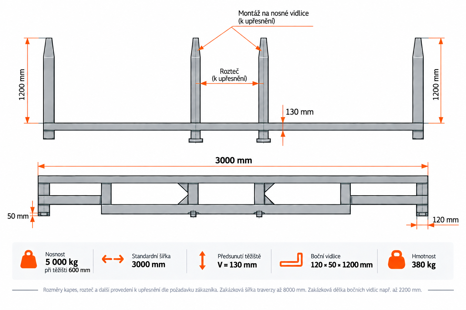 Traverza na vidlice VZV 5000 kg 3000 mm – technický výkres