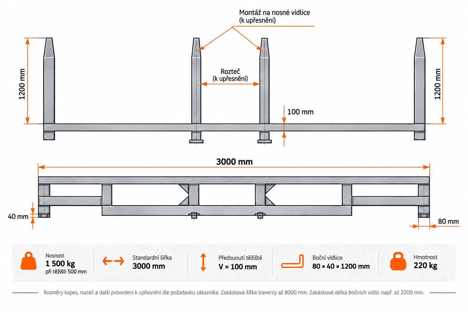 Traverza na vidlice VZV 1500 kg / 3000 mm Traverza na vidlice VZV 1500 kg 3000 mm – technický výkres